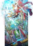  city cityscape floating flying fuji_choko gloves ground_vehicle hair_ornament open_mouth original ribbon single_glove solo thighhighs train upside-down wings 