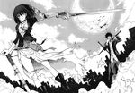  1girl copyright_request greyscale monochrome moon sword uousa-ou weapon 