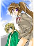  1girl 2006 :d blazer blush brown_skirt dated glasses green_eyes green_hair jacket light_rays long_hair long_sleeves looking_at_viewer lyrical_nanoha mahou_shoujo_lyrical_nanoha mahou_shoujo_lyrical_nanoha_a's minazoi_kuina open_clothes open_jacket open_mouth plaid ponytail purple_eyes red_hair rimless_eyewear school_uniform seishou_middle_school_uniform side_ponytail skirt smile sunlight takamachi_nanoha very_long_hair yuuno_scrya 