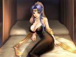  ass bed blue_hair breasts cleavage covered_nipples dress duplicate flare_(queen_bonjourno) game_cg huge_breasts legs long_legs queen_bonjourno sano_toshihide solo thighs 