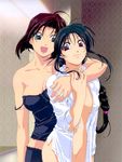  90s bare_shoulders black_hair bottomless braid brown_hair green_eyes kobayakawa_miyuki lingerie long_hair multiple_girls nakajima_atsuko naked_shirt official_art open_clothes open_shirt purple_eyes shirt short_hair strap_slip tsujimoto_natsumi underwear you're_under_arrest yuri 