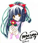  artist_name bangs blue_hair blush camellia carnelian flower hair_ribbon holding holding_flower kao_no_nai_tsuki kuraki_suzuna long_hair long_sleeves open_mouth outline ponytail red_ribbon ribbon signature solo sweater traditional_media turtleneck upper_body yellow_eyes 