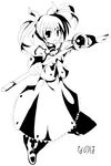  artist_request dress gem greyscale holding holding_weapon long_sleeves looking_at_viewer lyrical_nanoha magical_girl mahou_shoujo_lyrical_nanoha monochrome polearm raising_heart rod simple_background solo sphere staff takamachi_nanoha twintails uniform weapon white_background 