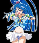  black_background blue_eyes blue_hair blush cowboy_shot cure_aqua gambler_club hands_on_own_face high_ponytail long_hair looking_at_viewer minazuki_karen open_mouth panties pantyshot precure short_sleeves simple_background skirt solo striped striped_panties underwear very_long_hair white_skirt wide_ponytail wind wind_lift yes!_precure_5 