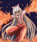  bangs bow fire fujiwara_no_mokou ginji_(sakaki_summer) hair_bow long_hair pants red_eyes silver_hair solo suspenders touhou very_long_hair 