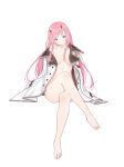  1girl barefoot blue_eyes breasts coat collarbone darling_in_the_franxx floating_hair full_body head_tilt horns invisible_chair legs_crossed long_hair looking_at_viewer medium_breasts naked_coat open_clothes open_coat pink_hair simple_background sitting siun solo very_long_hair white_background white_coat zero_two_(darling_in_the_franxx) 
