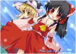  akino_ochiba ascot black_hair blonde_hair bow collarbone detached_sleeves dutch_angle english hair_bow hair_ribbon hair_tubes hakurei_reimu hat hat_ribbon kirisame_marisa long_hair midriff multiple_girls navel red_bow red_eyes red_skirt ribbon skirt touhou tress_ribbon water white_ribbon witch_hat yellow_eyes 