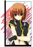  blue_eyes brown_hair fumihiro gloves hair_ornament lyrical_nanoha mahou_shoujo_lyrical_nanoha mahou_shoujo_lyrical_nanoha_a's mahou_shoujo_lyrical_nanoha_strikers midriff short_hair solo x_hair_ornament yagami_hayate 