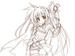  :d artist_request bardiche belt bodysuit buckle cape cowboy_shot fate_testarossa greyscale long_hair looking_at_viewer lyrical_nanoha mahou_shoujo_lyrical_nanoha monochrome open_mouth simple_background smile solo thighhighs underwear white_background 