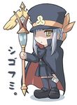  bioroid_hei blue_hair cape chibi fumika hat kanaka letter shako_cap shigofumi solo staff thighhighs yellow_eyes 