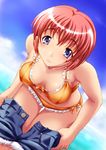  bikini blue_eyes breasts cleavage day denim denim_shorts hinomoto_hikari large_breasts mole mole_under_eye orange_bikini red_hair shiruko short_hair shorts solo swimsuit tokimeki_memorial tokimeki_memorial_2 undressing water 