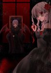  bat_wings black_dress braid cowboy_shot crossed_legs dagger dress from_side hair_ornament hairpin holding holding_weapon indoors izayoi_sakuya kokono_coco long_sleeves looking_back multiple_girls pants profile remilia_scarlet short_hair silver_hair sitting throne touhou twin_braids weapon wings 