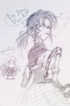  asatana balalaika_(black_lagoon) beretta_92 black_lagoon chibi cigarette dirty_harry engrish foreshortening gun handgun monochrome multiple_girls pistol purple ranguage revy_(black_lagoon) scar sketch smoking weapon 