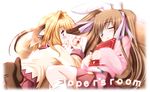  animal_ears blonde_hair blush book bunny_ears cat_ears closed_eyes drawing hair_ribbon long_hair lying moekibara_fumitake multiple_girls on_stomach piz purism_egoist ribbon run_(purism_egoist) short_hair skirt sleeping thighhighs twintails very_long_hair 