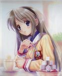  blue_eyes clannad cup goto_p hairband hikarizaka_private_high_school_uniform holding holding_spoon long_hair sakagami_tomoyo school_uniform silver_hair solo spoon teacup 