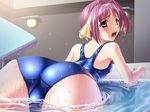  ass bent_over blush flat_chest foreshortening from_behind game_cg hair_ribbon hiiro_yuki isozaki_mayumi kickboard looking_back non-web_source one-piece_swimsuit open_mouth pink_hair pool purple_hair ribbon ripples school_swimsuit short_hair solo swimsuit trefoil water wet yellow_eyes yuuguu_settai 