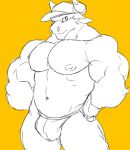  anthro biceps bovine bulge cattle clothing facial_piercing hands_on_hips hat horn looking_at_viewer male mammal mostly_nude muscular muscular_male navel nipples nose_piercing nose_ring pecs piercing simple_background solo underwear vorusuarts 