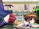  1girl arcade blush brown_eyes brown_hair game_cg hair_intakes maho_gaku school_uniform serafuku shindou_mikeko shinomiya_yuuka short_hair skirt solo thighhighs 