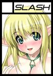  black_border blonde_hair blue_eyes blush border circle_cut elf long_hair lowres noto_kurumi pointy_ears smile solo tiffania_westwood zero_no_tsukaima 