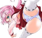  bend maaryan panties pantyshot pink_hair ribbon-trimmed_legwear ribbon_trim school_uniform serafuku shinama skirt solo striped striped_panties thighhighs to_heart_2 underwear 