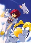  90s ;d bent_over blue_eyes blush cloud day flat_chest from_below gloves gradius looking_down mecha mitsumi_misato one_eye_closed open_mouth outdoors parodius pastel_(twinbee) pointing red_hair robot scan shoes short_hair sky smile smiley_face sneakers standing twinbee vic_viper 