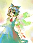  blue_bow blue_eyes blue_hair bow cirno collar cowboy_shot crystal hair_bow ice ice_wings kagurazaka_iroha looking_at_viewer lowres red_ribbon ribbon short_hair solo touhou wings 