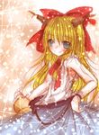  bare_shoulders blonde_hair blue_eyes blue_skirt blush bottle bow bowtie chain gourd hair_bow ibuki_suika kasuga_sunao looking_at_viewer red_bow red_neckwear shirt skirt smile solo sparkle touhou white_shirt wrist_cuffs 