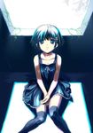  bad_id bad_pixiv_id black_hair black_legwear blue_eyes blush choker dress flat_chest from_above hair_ornament hairclip light looking_up original ribbon shiitake_urimo short_hair sitting solo sundress sunlight thighhighs window zettai_ryouiki 