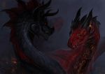  2018 allagar ambiguous_gender black_scales digital_media_(artwork) dragon duo feral horn orange_eyes red_eyes red_scales scales scalie smile spines teeth western_dragon 
