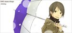  :d androgynous black_scarf brown_coat brown_eyes brown_hair coat english holding holding_umbrella long_sleeves looking_at_viewer open_mouth original purple_umbrella scarf short_hair simple_background smile solo umbrella upper_body white_background yoshito 