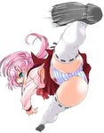  black_footwear bow bow_panties crotch floating_hair high_kick jump_kick kicking long_hair long_sleeves maaryan panties pink_hair pleated_skirt red_skirt ribbon-trimmed_legwear ribbon_trim shinama skirt solo split striped striped_panties thighhighs to_heart_2 underwear white_legwear 