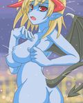  artist_request blue_oni blue_skin breasts copyright_request demon_girl demon_wings horns large_breasts lowres nude oekaki oni pointy_ears red_eyes sideboob solo tail wings 