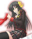  green_eyes kurugaya_yuiko little_busters! long_hair masayu red_eyes ribbon school_uniform solo thighhighs undressing 