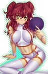  bad_haro bike_shorts blush breasts covered_nipples crop_top freckles gundam gundam_00 haro kink large_breasts nena_trinity red_hair solo thighhighs two_side_up yellow_eyes 