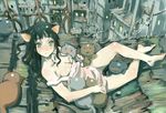  animal_ears blush breasts camisole cat cat_ears city cleavage green_eyes jpeg_artifacts large_breasts long_hair original solo strap_slip toi8 