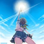  back brown_hair copyright_request day light miogrobin outstretched_arm perspective reaching school_uniform serafuku sky solo sun 