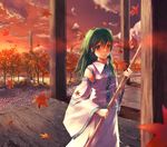  akino_komichi autumn autumn_leaves broom building detached_sleeves forest green_eyes green_hair holding kochiya_sanae long_hair long_sleeves looking_at_viewer nature outdoors pillar plant shrine solo sunlight sunset touhou tree 