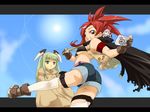  aisaka_sayo aisaka_sayo_(doll) asakura_kazumi boots breasts camera cape chibi denim denim_shorts doll green_eyes hair_ornament hairclip haruka_shiya karakuri_chachamaru karakuri_chachamaru_(compact) looking_back mahou_sensei_negima! medium_breasts multiple_girls red_hair robot_ears shorts sun thighhighs underboob 