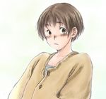  ass blush brown_hair collarbone eyebrows_visible_through_hair looking_at_viewer mokyusuke original short_hair simple_background solo sweater upper_body white_background yellow_eyes 