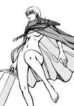  artist_request barefoot bottomless breasts claymore claymore_(sword) cloak feet greyscale jean medium_breasts monochrome naked_cloak short_hair solo sword underboob weapon 