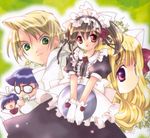  3girls animal_ears apron ayanokoji_takashi blonde_hair brown_hair cat_ears dress flower glasses gloves green_eyes hairband koge_donbo lolita_hairband long_hair maid misha_(pita_ten) mitarai_hiroshi mitarai_kaoru multiple_boys multiple_girls pita_ten purple_eyes purple_hair red_eyes red_flower red_rose ribbon rose shia_(pita_ten) smile tray uematsu_koboshi white_gloves 