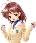  antenna_hair brown_eyes brown_hair clannad furukawa_nagisa hikarizaka_private_high_school_uniform mocha_(snowflake) school_uniform sleeves_past_wrists solo 