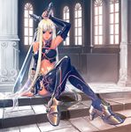  armpits bad_id bad_pixiv_id blonde_hair blue_eyes crossed_legs legs long_hair looking_at_viewer midriff navel original shiitake_urimo sitting solo sword thighhighs very_long_hair weapon 