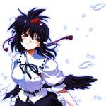  bangs black_hair black_wings blush breasts hat large_breasts looking_away shameimaru_aya short_hair skirt smile solo takana_shinno tokin_hat touhou wings 