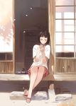  artist_request bangs black_hair blunt_bangs blush closed_eyes dax miniskirt original outdoors own_hands_together petals red_skirt short_hair short_sleeves skirt sliding_doors solo sunlight veranda 