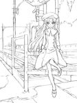  amano_takumi amatsuka_urara baby_princess beret bridge dress greyscale hat leg_up long_hair looking_at_viewer monochrome pillar railing shore solo standing standing_on_one_leg very_long_hair water 