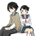  1girl blue_eyes blush eka_eri expressionless feet_out_of_frame fuura_kafuka itoshiki_nozomu kneehighs long_sleeves looking_at_viewer pants sailor_collar sayonara_zetsubou_sensei school_uniform serafuku shosei simple_background sitting white_background white_legwear 