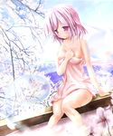  blush cherry_blossoms day ghost hitodama petals pink_eyes pink_hair saigyouji_yuyuko scarlet_(studioscr) sky snow solo touhou towel 
