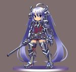  ahoge armor armored_boots armored_dress belt blush boots brown_background buckle chan_co dress fantasy full_body gauntlets gun holding holding_weapon looking_at_viewer original purple_eyes red_dress rifle shoulder_pads silver_hair simple_background solo standing thigh_boots thighhighs weapon 