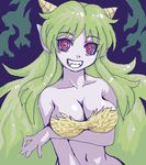  animal_print artist_request bandeau bikini_top blue_skin breast_hold breasts cleavage crazy_eyes demon_girl fangs green_hair grin horns large_breasts long_hair lowres lum navel oekaki oni pointy_ears purple_eyes smile solo strapless tiger_print tubetop urusei_yatsura very_long_hair 